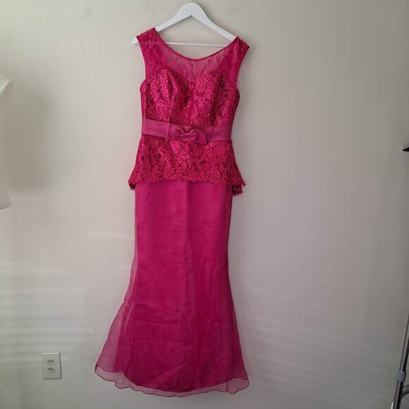 Pink Satin & Chiffon Bodycon Fishtail Bridal Guest Maxi Dress with Sequence - Picture 5 of 15